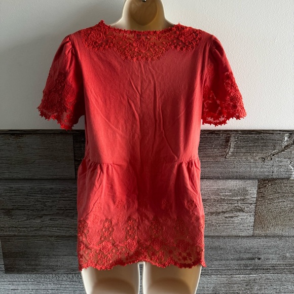Sundance Crochet Lace Peasant Top Short Sleeve Womens Medium Coral Floral (L1) - Picture 5 of 10